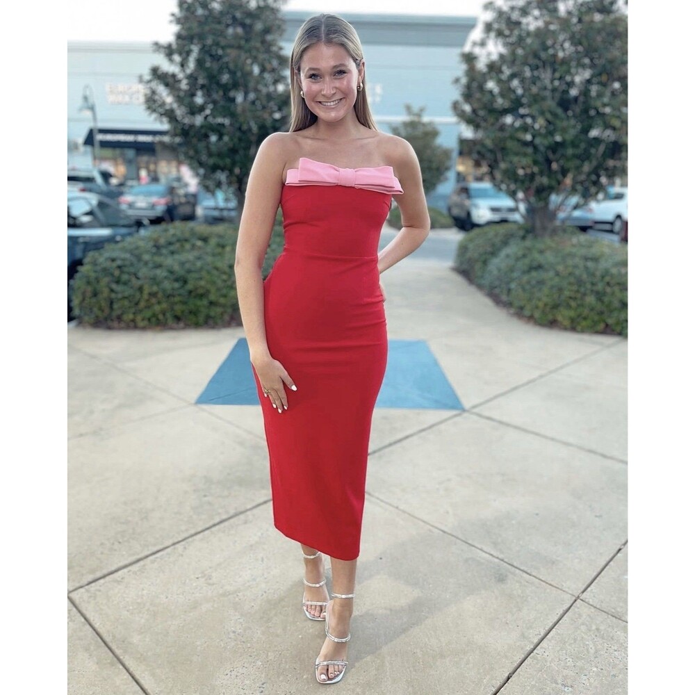 Mable Women’s Strapless Midi Sheath Dress Red Pink Bow Small Wedding Guest Glam